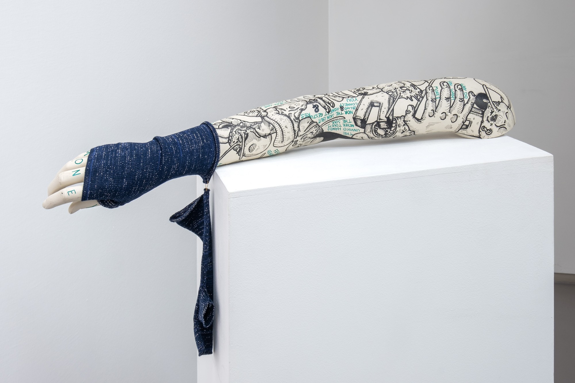 Elke Silvia Krystufek, Arm, 2022, mixed media (fabric, marker on plaster, metal a.o.), 13 x 82 cm